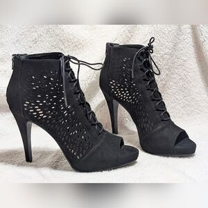 Fergalicious By Fergie Black Lace-Up Peep Toe Stiletto Heels, Size 9